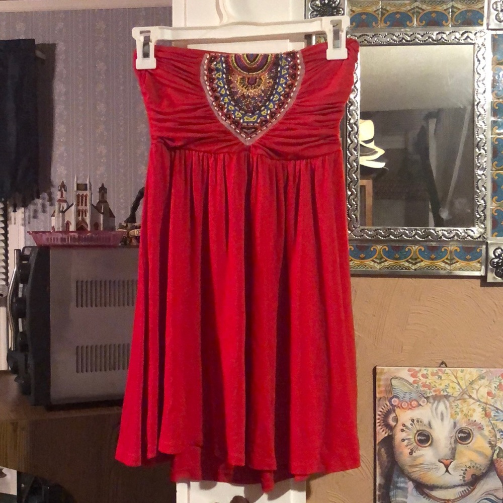 Y2K era red beaded strapless bohemian top - Picture 1 of 8